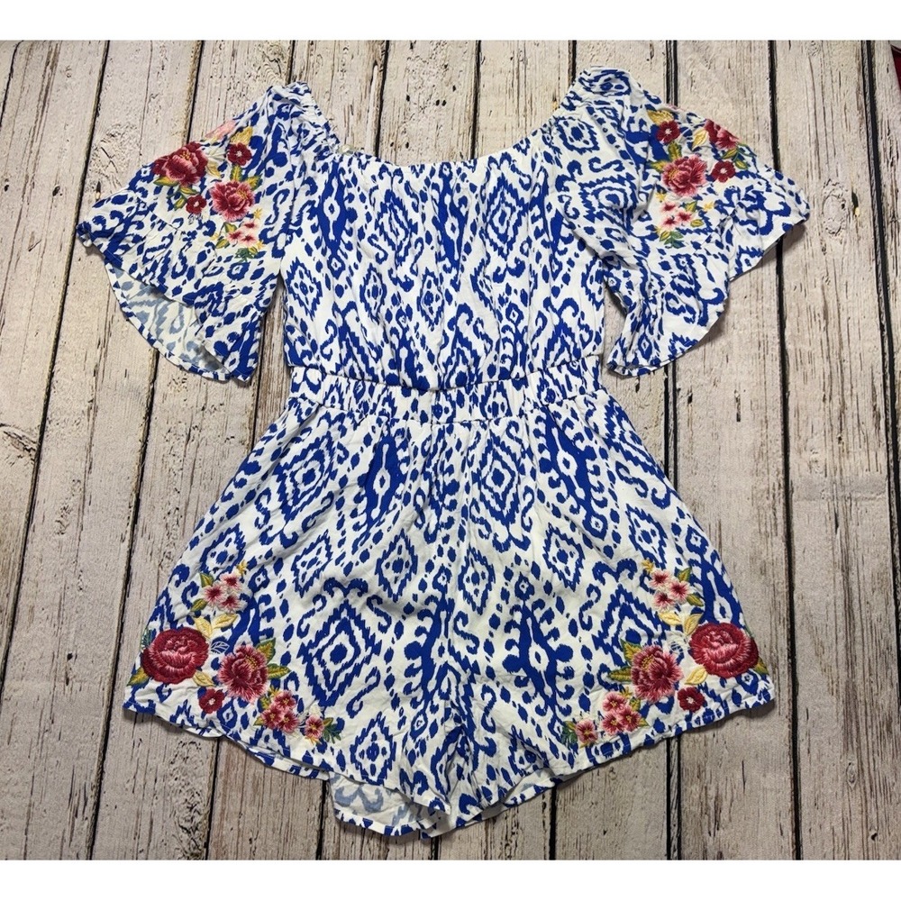 Savanna Jane Blue Ikat Floral Embroidered Off Shoulder Flutter Sleeve Romper S